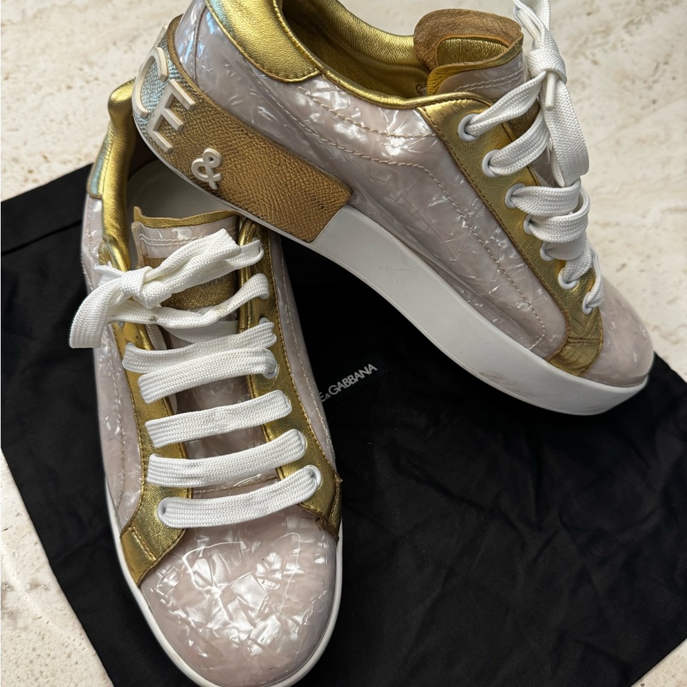 Dolce & Gabbana Gold and pearl Portofino Women's Sneakers